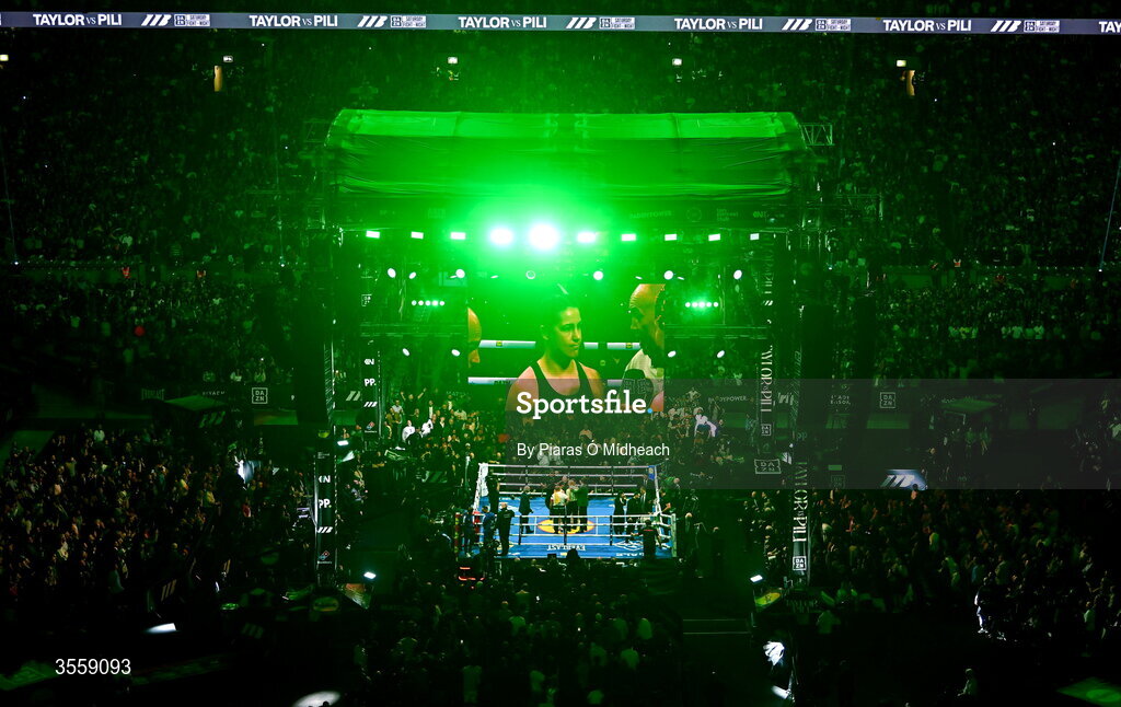 5 September 2026; Katie Taylor makes her way into the ring before her undisputed super lightweight championship fight with Flora Pili at the Once Upon A Time fight night in Croke Park, Dublin. Photo by Piaras Ó Mídheach/Sportsfile