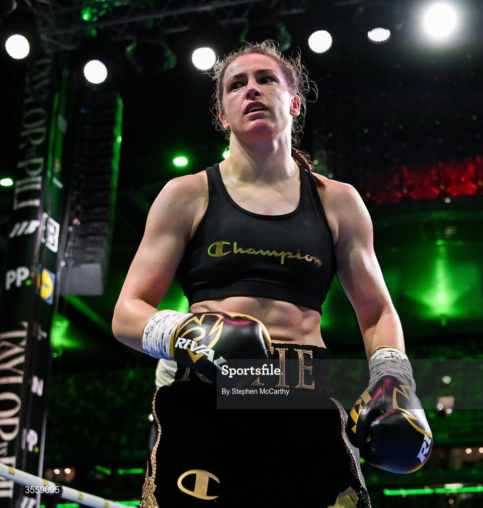 5 September 2026; Katie Taylor during her undisputed super lightweight championship fight with Flora Pili at the Once Upon A Time fight night in Croke Park, Dublin. Photo by Stephen McCarthy/Sportsfile