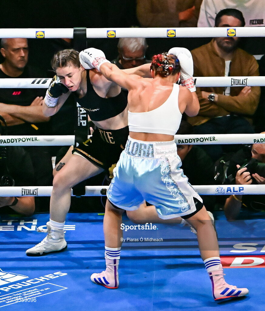 5 September 2026; Katie Taylor, left, and Flora Pili during their undisputed super lightweight championship fight at the Once Upon A Time fight night in Croke Park, Dublin. Photo by Piaras Ó Mídheach/Sportsfile