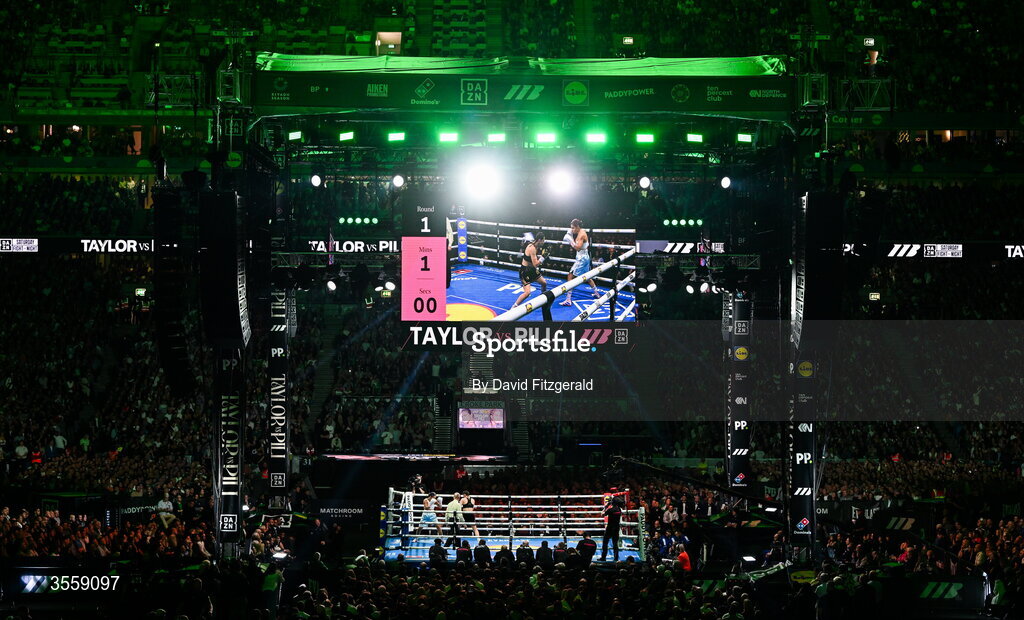 5 September 2026; Katie Taylor during her undisputed super lightweight championship fight with Flora Pili at the Once Upon A Time fight night in Croke Park, Dublin. Photo by David Fitzgerald/Sportsfile