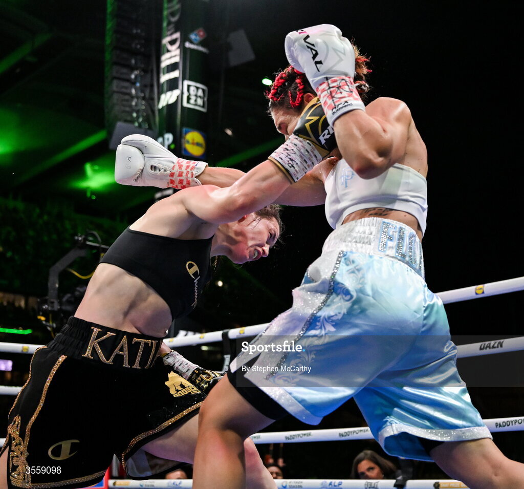 5 September 2026; Katie Taylor, left, and Flora Pili during their undisputed super lightweight championship fight at the Once Upon A Time fight night in Croke Park, Dublin. Photo by Stephen McCarthy/Sportsfile