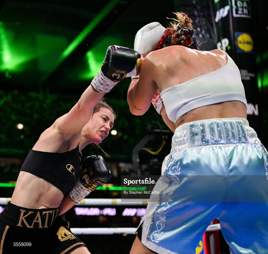 5 September 2026; Katie Taylor, left, and Flora Pili during their undisputed super lightweight championship fight at the Once Upon A Time fight night in Croke Park, Dublin. Photo by Stephen McCarthy/Sportsfile