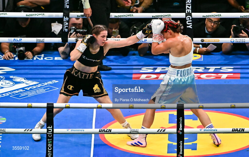 5 September 2026; Katie Taylor, left, and Flora Pili during their undisputed super lightweight championship fight at the Once Upon A Time fight night in Croke Park, Dublin. Photo by Piaras Ó Mídheach/Sportsfile