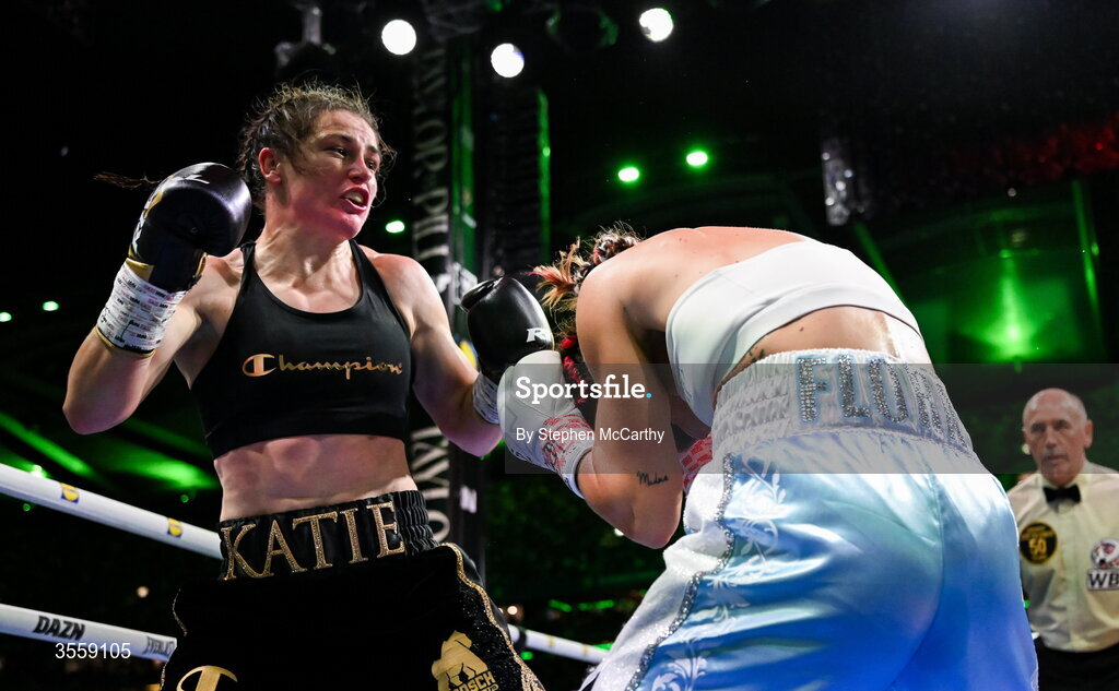 5 September 2026; Katie Taylor, left, and Flora Pili during their undisputed super lightweight championship fight at the Once Upon A Time fight night in Croke Park, Dublin. Photo by Stephen McCarthy/Sportsfile