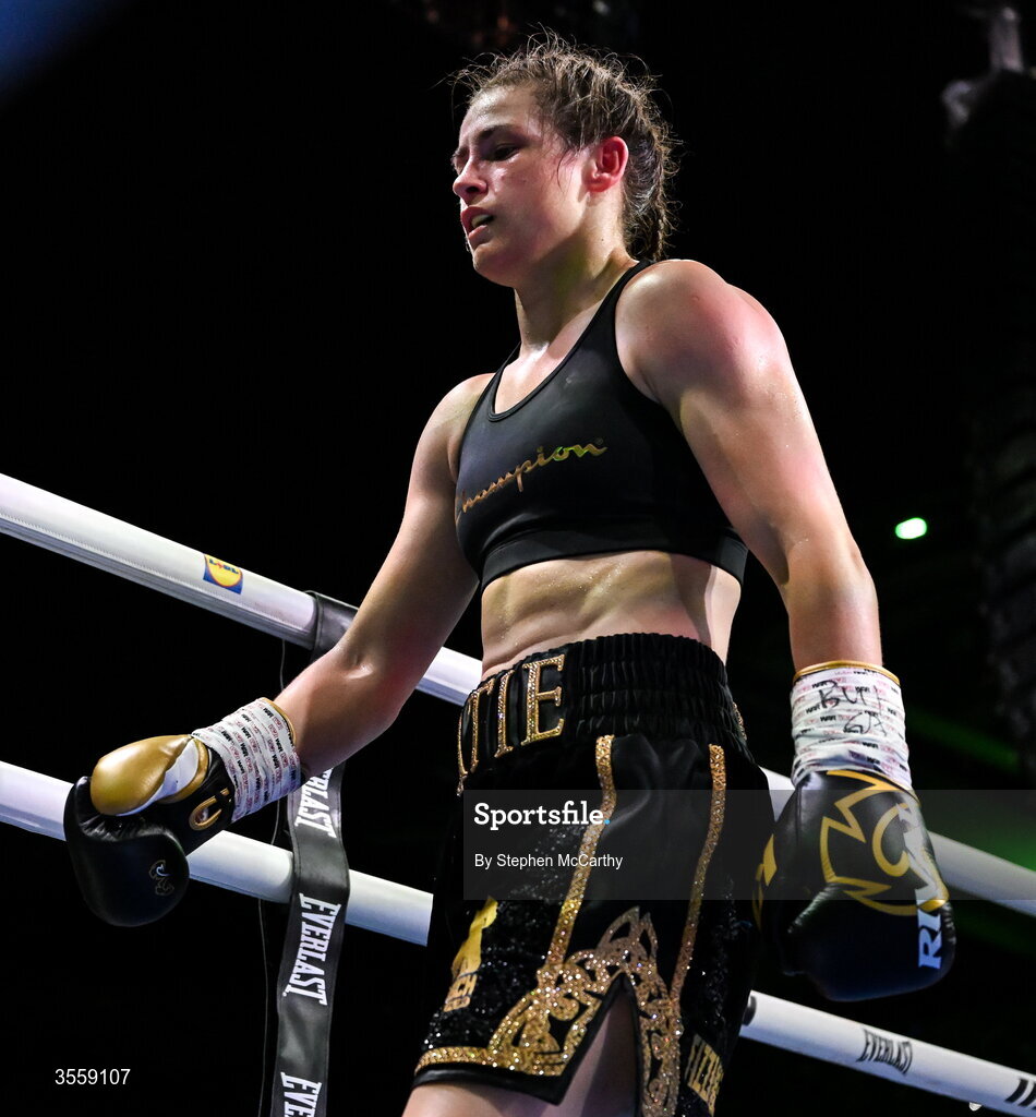 5 September 2026; Katie Taylor during her undisputed super lightweight championship fight with Flora Pili at the Once Upon A Time fight night in Croke Park, Dublin. Photo by Stephen McCarthy/Sportsfile