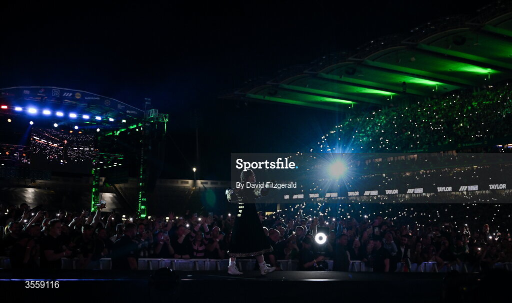 5 September 2026; Katie Taylor makes her way into the ring before her undisputed super lightweight championship fight with Flora Pili at the Once Upon A Time fight night in Croke Park, Dublin. Photo by David Fitzgerald/Sportsfile
