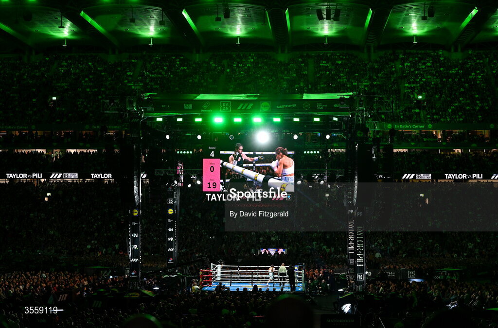 5 September 2026; Katie Taylor, right, and Flora Pili during their undisputed super lightweight championship fight at the Once Upon A Time fight night in Croke Park, Dublin. Photo by David Fitzgerald/Sportsfile