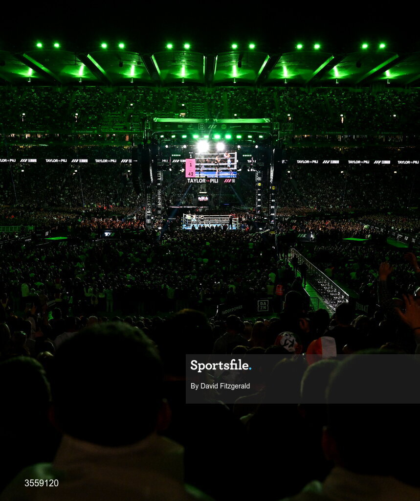 5 September 2026; Katie Taylor and Flora Pili during their undisputed super lightweight championship fight at the Once Upon A Time fight night in Croke Park, Dublin. Photo by David Fitzgerald/Sportsfile