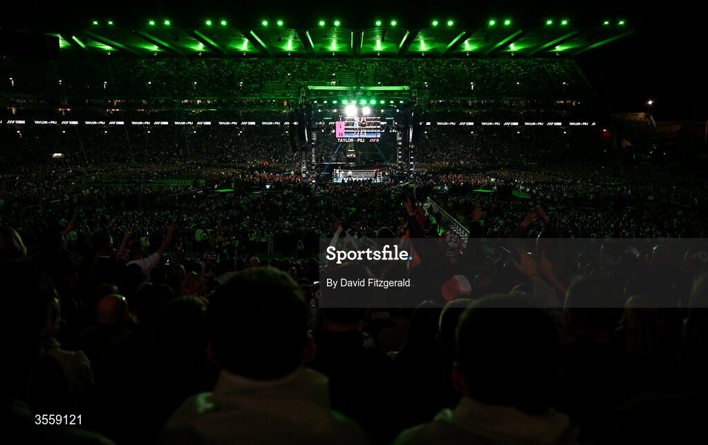 5 September 2026; Katie Taylor and Flora Pili during their undisputed super lightweight championship fight at the Once Upon A Time fight night in Croke Park, Dublin. Photo by David Fitzgerald/Sportsfile