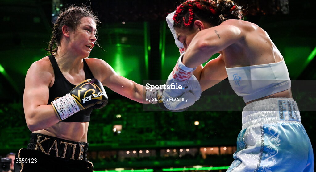 5 September 2026; Katie Taylor, left, and Flora Pili during their undisputed super lightweight championship fight at the Once Upon A Time fight night in Croke Park, Dublin. Photo by Stephen McCarthy/Sportsfile
