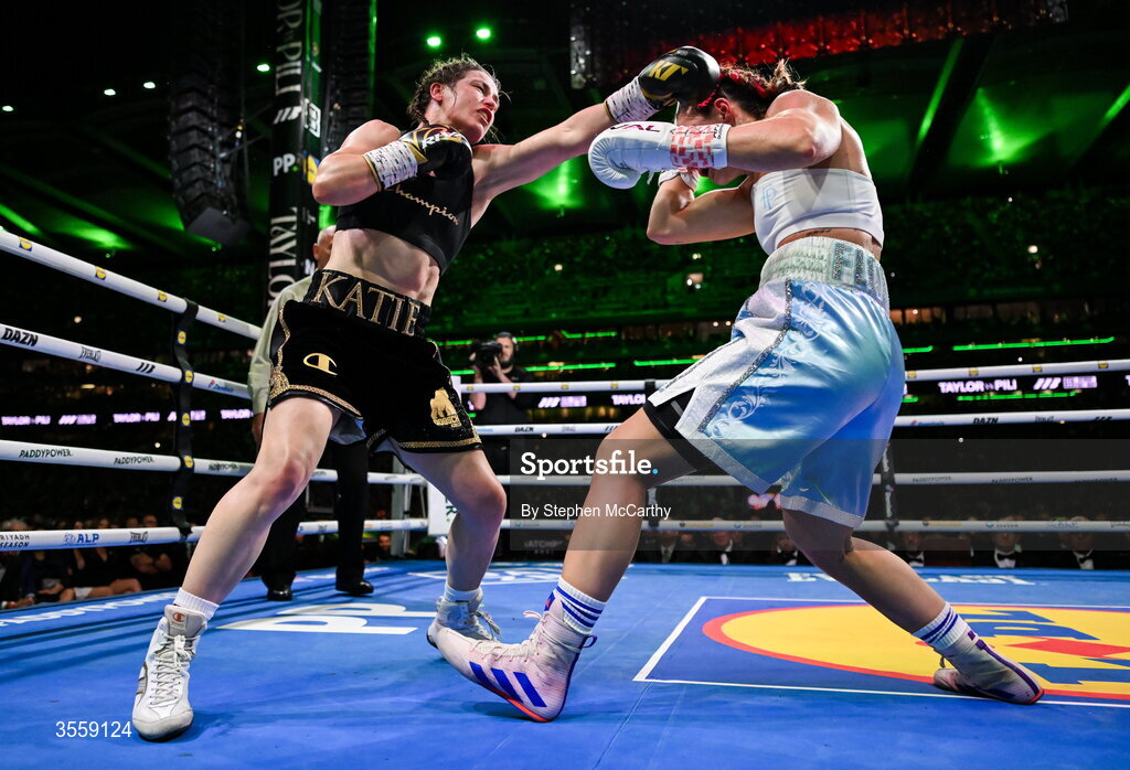 5 September 2026; Katie Taylor, left, and Flora Pili during their undisputed super lightweight championship fight at the Once Upon A Time fight night in Croke Park, Dublin. Photo by Stephen McCarthy/Sportsfile
