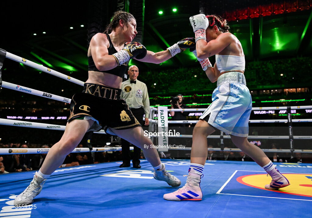 5 September 2026; Katie Taylor, left, and Flora Pili during their undisputed super lightweight championship fight at the Once Upon A Time fight night in Croke Park, Dublin. Photo by Stephen McCarthy/Sportsfile