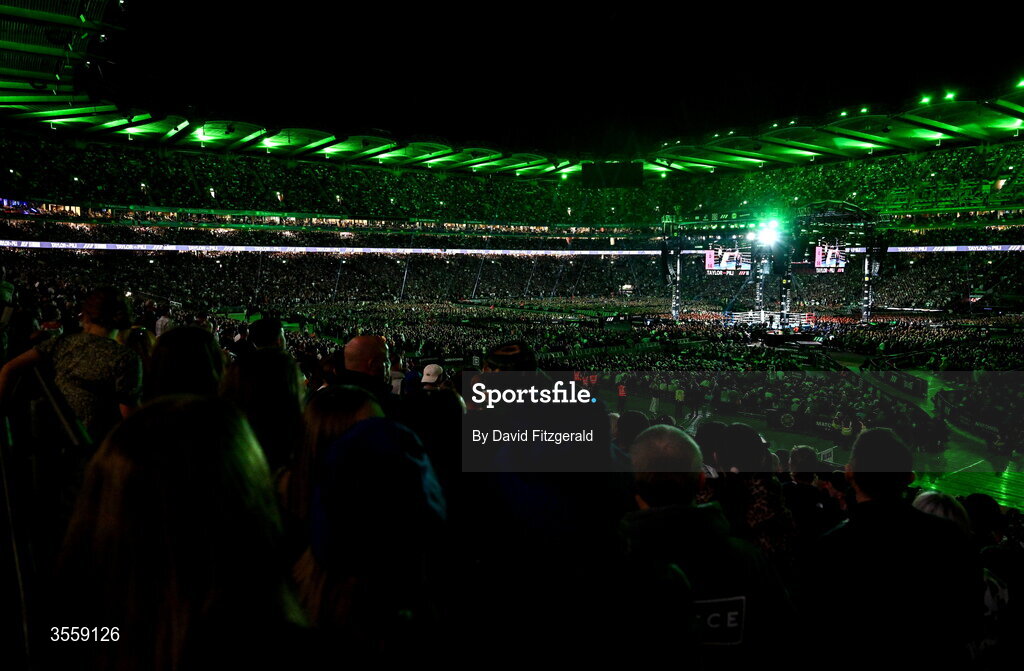 5 September 2026; Katie Taylor and Flora Pili during their undisputed super lightweight championship fight at the Once Upon A Time fight night in Croke Park, Dublin. Photo by David Fitzgerald/Sportsfile