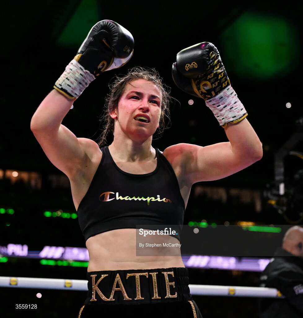 5 September 2026; Katie Taylor after her undisputed super lightweight championship fight with Flora Pili at the Once Upon A Time fight night in Croke Park, Dublin. Photo by Stephen McCarthy/Sportsfile