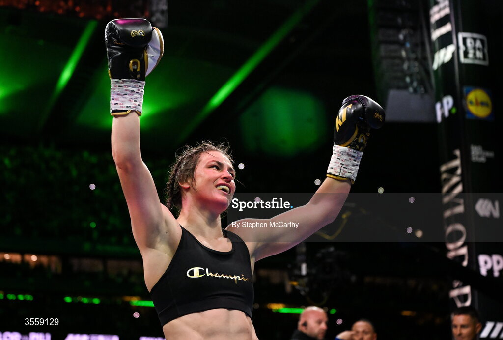 5 September 2026; Katie Taylor after her undisputed super lightweight championship fight with Flora Pili at the Once Upon A Time fight night in Croke Park, Dublin. Photo by Stephen McCarthy/Sportsfile