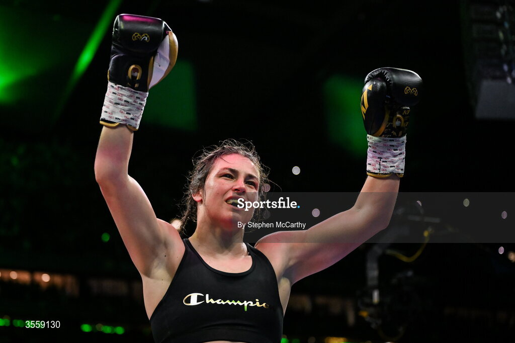 5 September 2026; Katie Taylor after her undisputed super lightweight championship fight with Flora Pili at the Once Upon A Time fight night in Croke Park, Dublin. Photo by Stephen McCarthy/Sportsfile