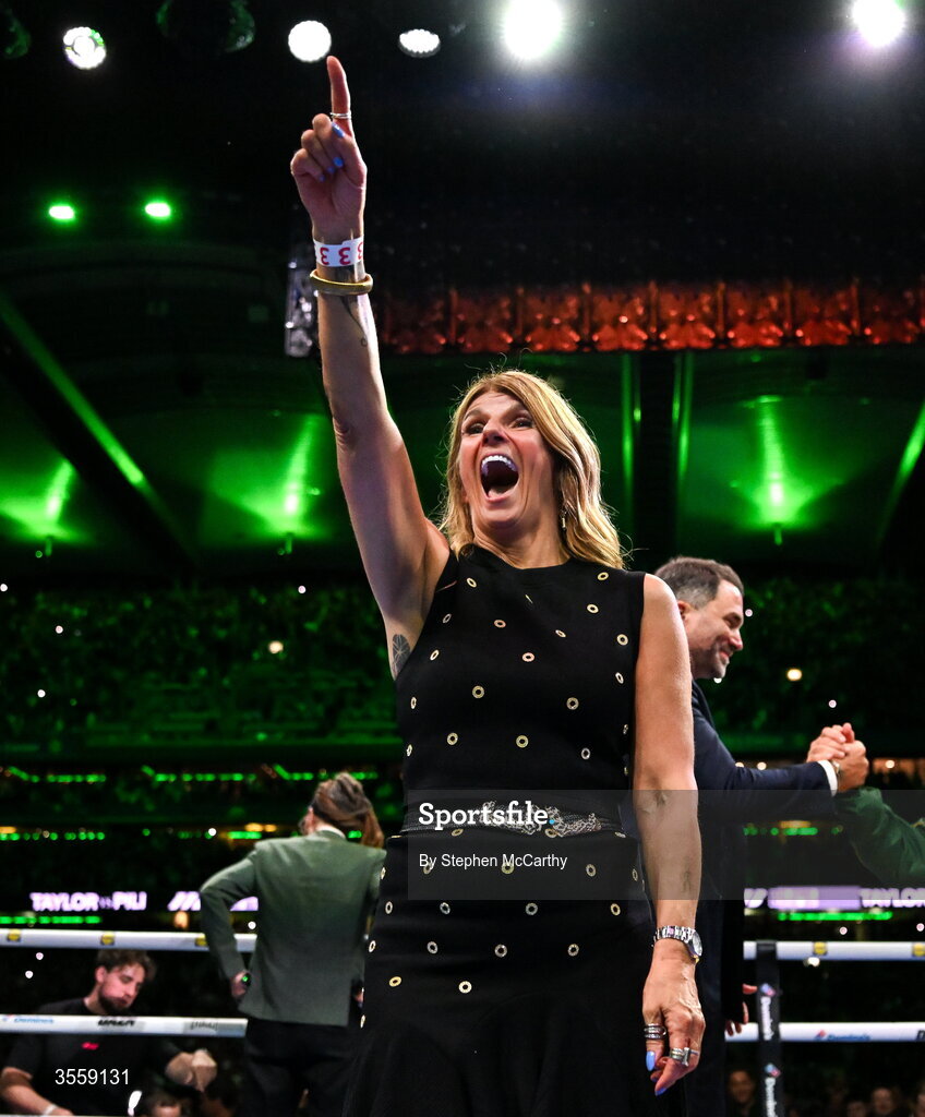 5 September 2026; Bridget Taylor, mother of Katie Taylor after the undisputed super lightweight championship fight between Katie Taylor and Flora Pili at the Once Upon A Time fight night in Croke Park, Dublin. Photo by Stephen McCarthy/Sportsfile