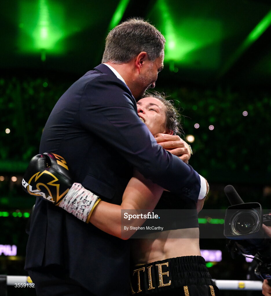 5 September 2026; Katie Taylor, right, with Matchroom Boxing promoter Eddie Hearn after her undisputed super lightweight championship fight with Flora Pili at the Once Upon A Time fight night in Croke Park, Dublin. Photo by Stephen McCarthy/Sportsfile
