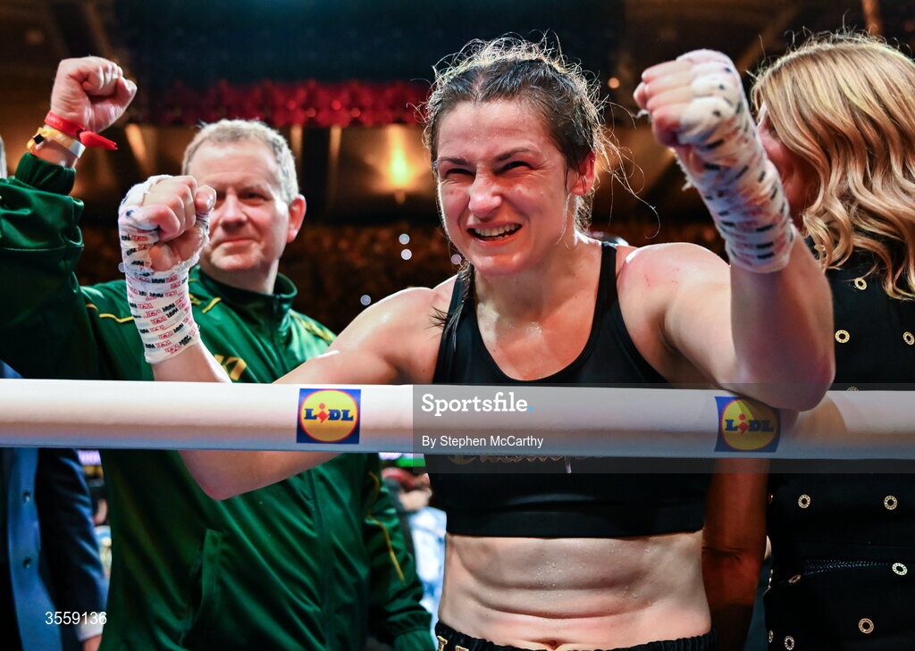 5 September 2026; Katie Taylor celebrates after her undisputed super lightweight championship fight with Flora Pili at the Once Upon A Time fight night in Croke Park, Dublin. Photo by Stephen McCarthy/Sportsfile