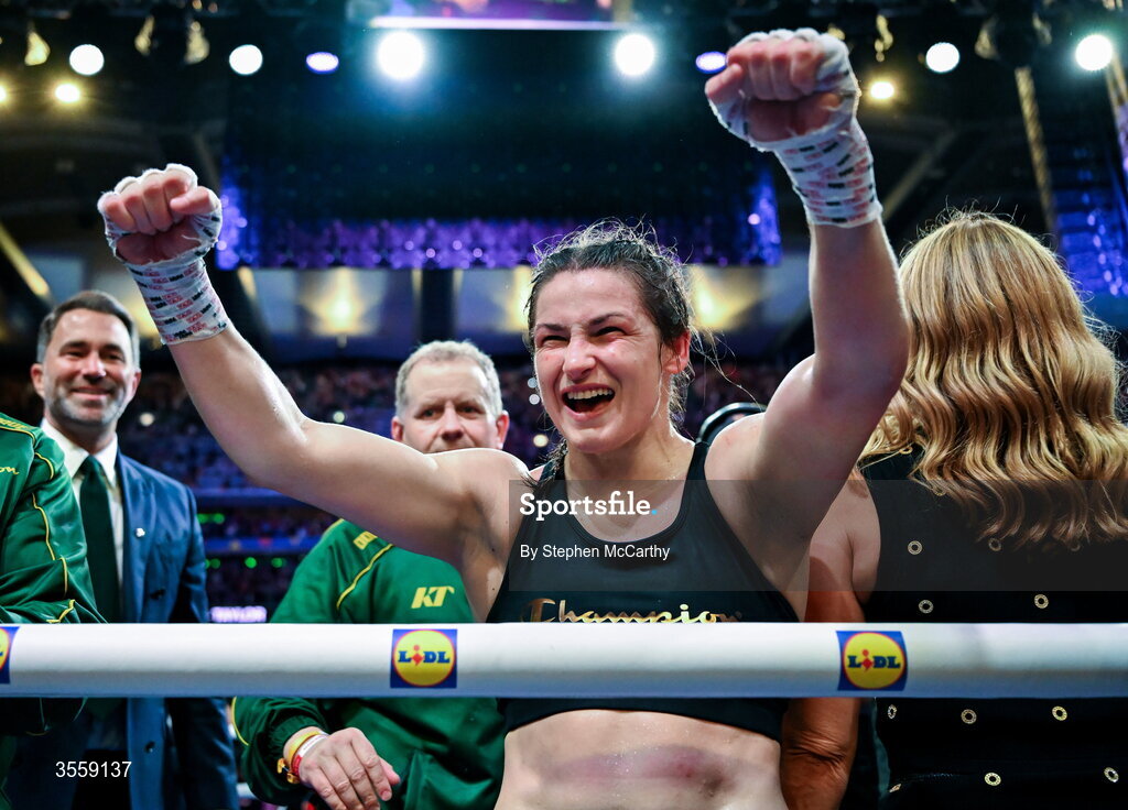 5 September 2026; Katie Taylor celebrates after her undisputed super lightweight championship fight with Flora Pili at the Once Upon A Time fight night in Croke Park, Dublin. Photo by Stephen McCarthy/Sportsfile