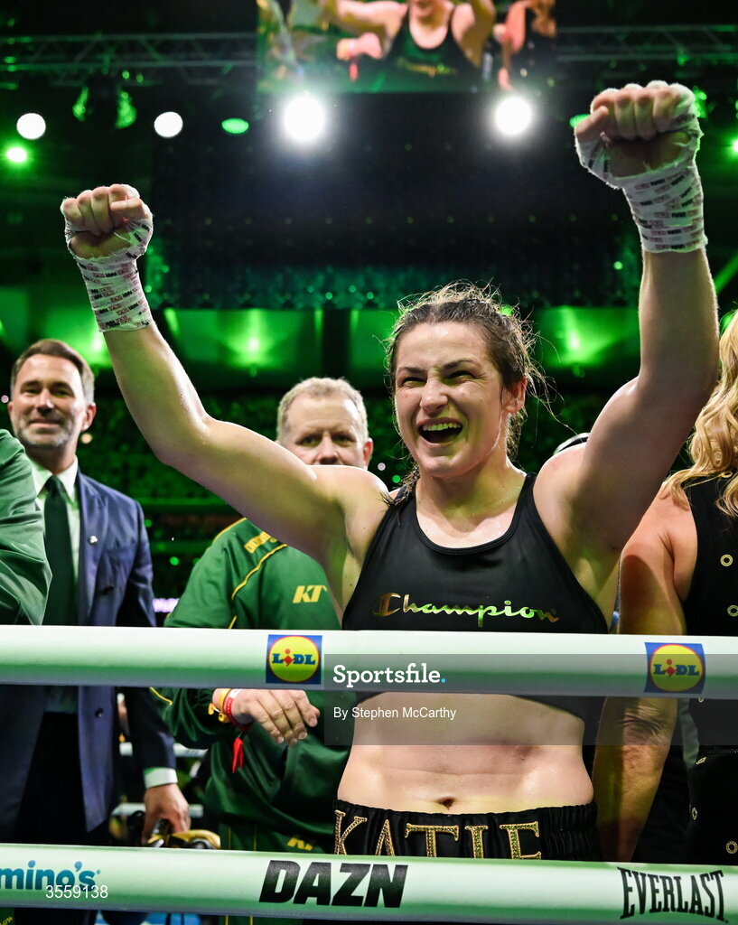 5 September 2026; Katie Taylor celebrates after her undisputed super lightweight championship fight with Flora Pili at the Once Upon A Time fight night in Croke Park, Dublin. Photo by Stephen McCarthy/Sportsfile