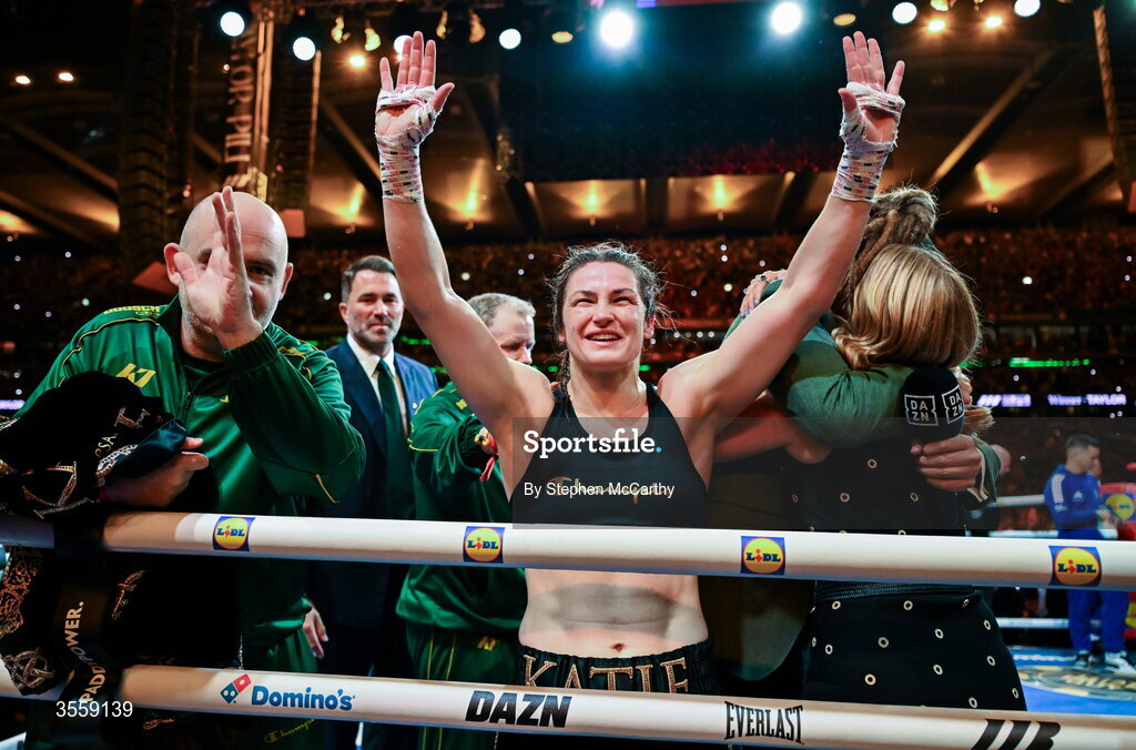 5 September 2026; Katie Taylor celebrates after being declared victorious in her undisputed super lightweight championship fight with Flora Pili at the Once Upon A Time fight night in Croke Park, Dublin. Photo by Stephen McCarthy/Sportsfile