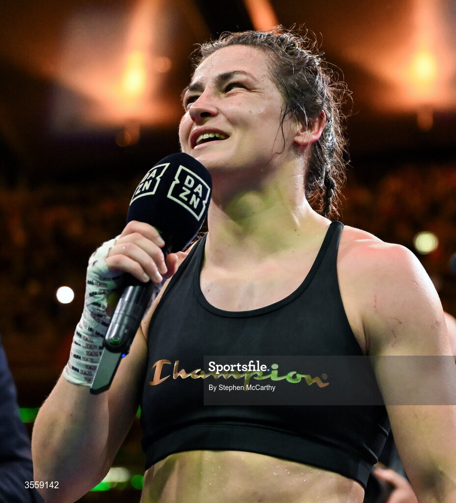 5 September 2026; Katie Taylor after her undisputed super lightweight championship fight with Flora Pili at the Once Upon A Time fight night in Croke Park, Dublin. Photo by Stephen McCarthy/Sportsfile