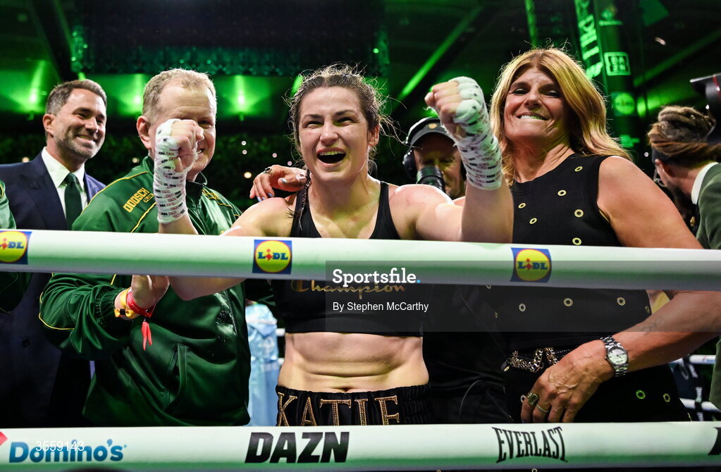 5 September 2026; Katie Taylor celebrates with her mother Bridget after her undisputed super lightweight championship fight with Flora Pili at the Once Upon A Time fight night in Croke Park, Dublin. Photo by Stephen McCarthy/Sportsfile
