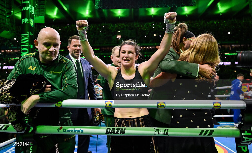 5 September 2026; Katie Taylor celebrates after being declared victorious in her undisputed super lightweight championship fight with Flora Pili at the Once Upon A Time fight night in Croke Park, Dublin. Photo by Stephen McCarthy/Sportsfile