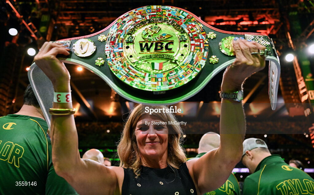 5 September 2026; Bridget Taylor, mother of Katie Taylor celebrates after the undisputed super lightweight championship fight between Katie Taylor and Flora Pili at the Once Upon A Time fight night in Croke Park, Dublin. Photo by Stephen McCarthy/Sportsfile