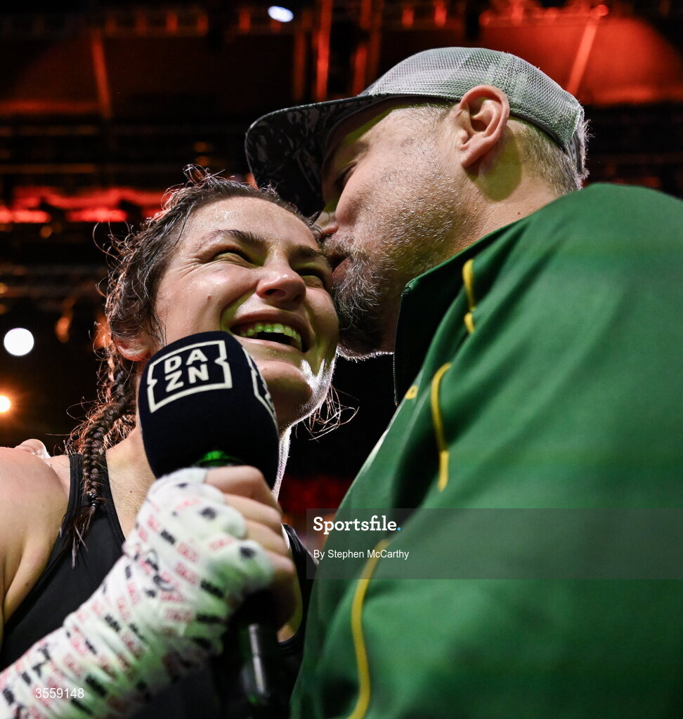 5 September 2026; Katie Taylor with her husband Sean McCavanagh after her undisputed super lightweight championship fight with Flora Pili at the Once Upon A Time fight night in Croke Park, Dublin. Photo by Stephen McCarthy/Sportsfile