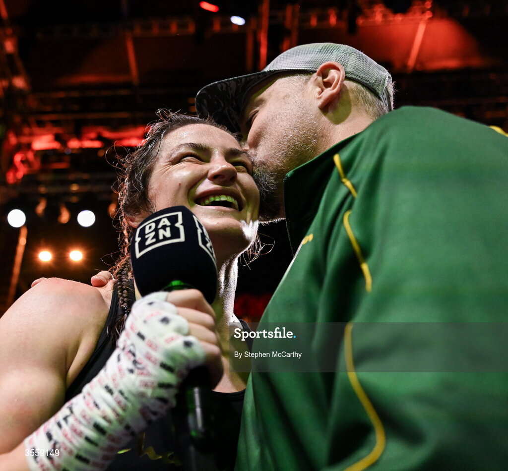 5 September 2026; Katie Taylor with her husband Sean McCavanagh after her undisputed super lightweight championship fight with Flora Pili at the Once Upon A Time fight night in Croke Park, Dublin. Photo by Stephen McCarthy/Sportsfile
