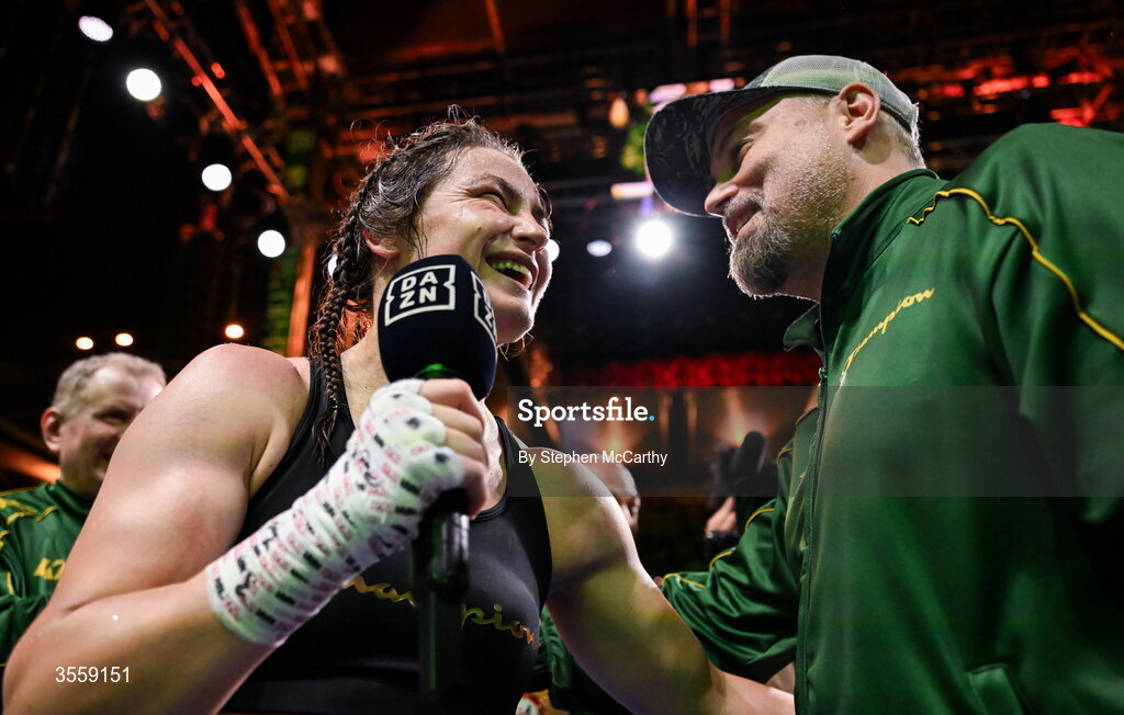 5 September 2026; Katie Taylor with her husband Sean McCavanagh after her undisputed super lightweight championship fight with Flora Pili at the Once Upon A Time fight night in Croke Park, Dublin. Photo by Stephen McCarthy/Sportsfile