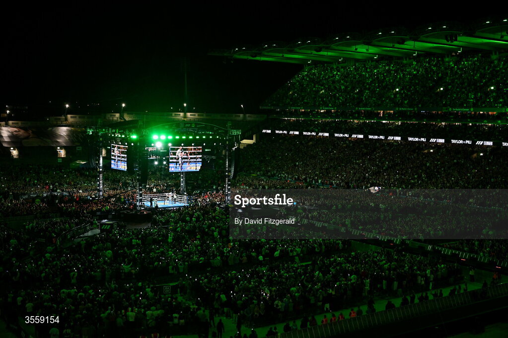 5 September 2026; Katie Taylor and Flora Pili during their undisputed super lightweight championship fight at the Once Upon A Time fight night in Croke Park, Dublin. Photo by David Fitzgerald/Sportsfile