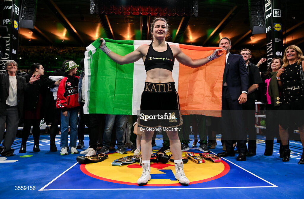 5 September 2026; Katie Taylor after her undisputed super lightweight championship fight with Flora Pili at the Once Upon A Time fight night in Croke Park, Dublin. Photo by Stephen McCarthy/Sportsfile