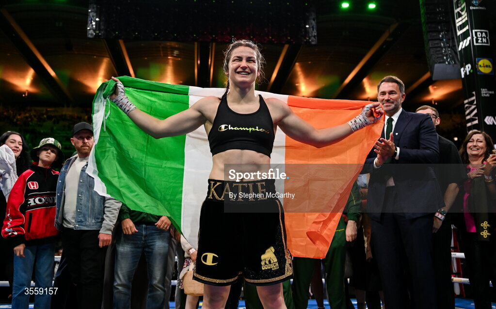 5 September 2026; Katie Taylor after her undisputed super lightweight championship fight with Flora Pili at the Once Upon A Time fight night in Croke Park, Dublin. Photo by Stephen McCarthy/Sportsfile