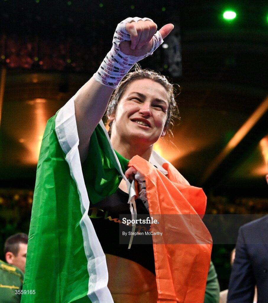 5 September 2026; Katie Taylor after her undisputed super lightweight championship fight with Flora Pili at the Once Upon A Time fight night in Croke Park, Dublin. Photo by Stephen McCarthy/Sportsfile