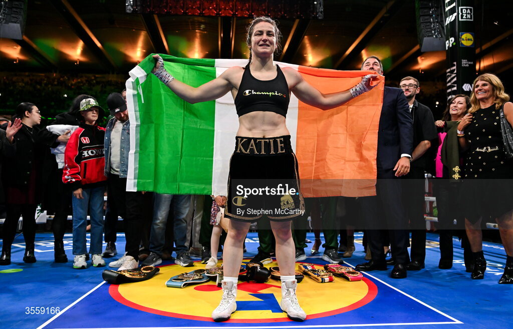 5 September 2026; Katie Taylor after her undisputed super lightweight championship fight with Flora Pili at the Once Upon A Time fight night in Croke Park, Dublin. Photo by Stephen McCarthy/Sportsfile