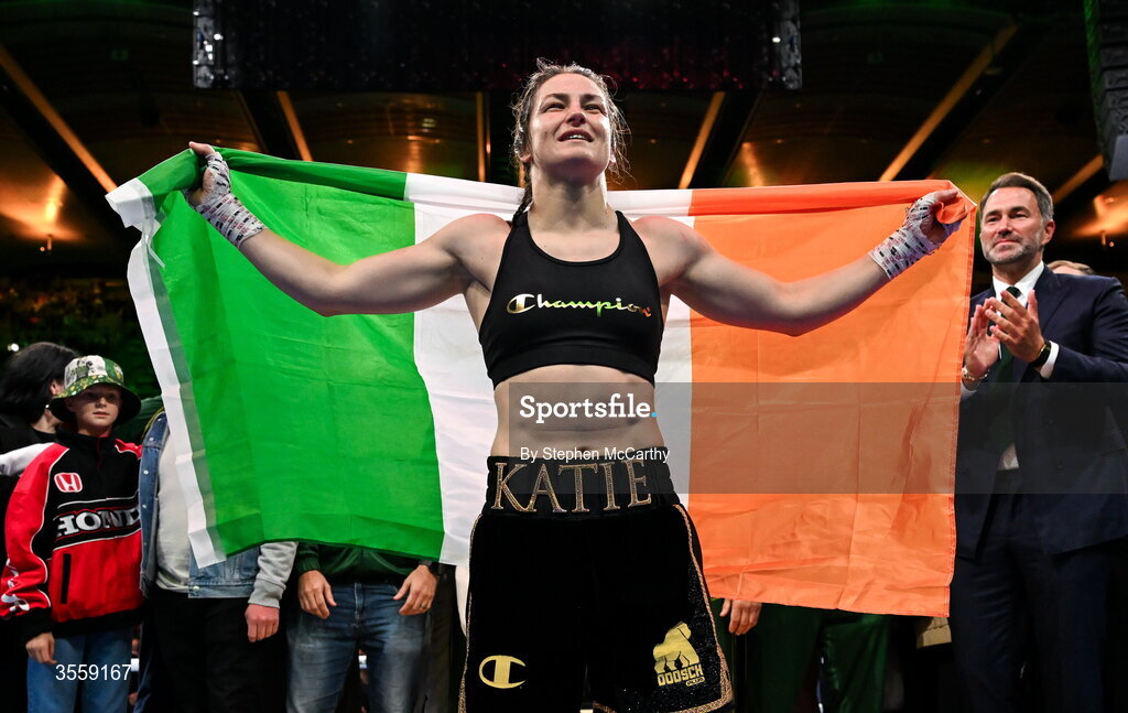 5 September 2026; Katie Taylor after her undisputed super lightweight championship fight with Flora Pili at the Once Upon A Time fight night in Croke Park, Dublin. Photo by Stephen McCarthy/Sportsfile