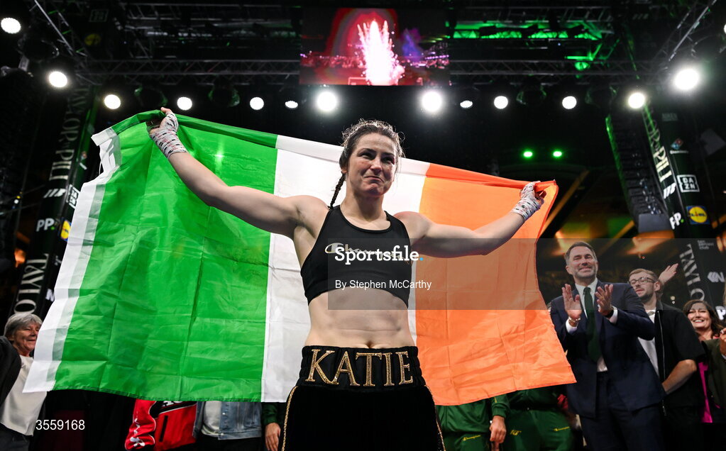 5 September 2026; Katie Taylor after her undisputed super lightweight championship fight with Flora Pili at the Once Upon A Time fight night in Croke Park, Dublin. Photo by Stephen McCarthy/Sportsfile