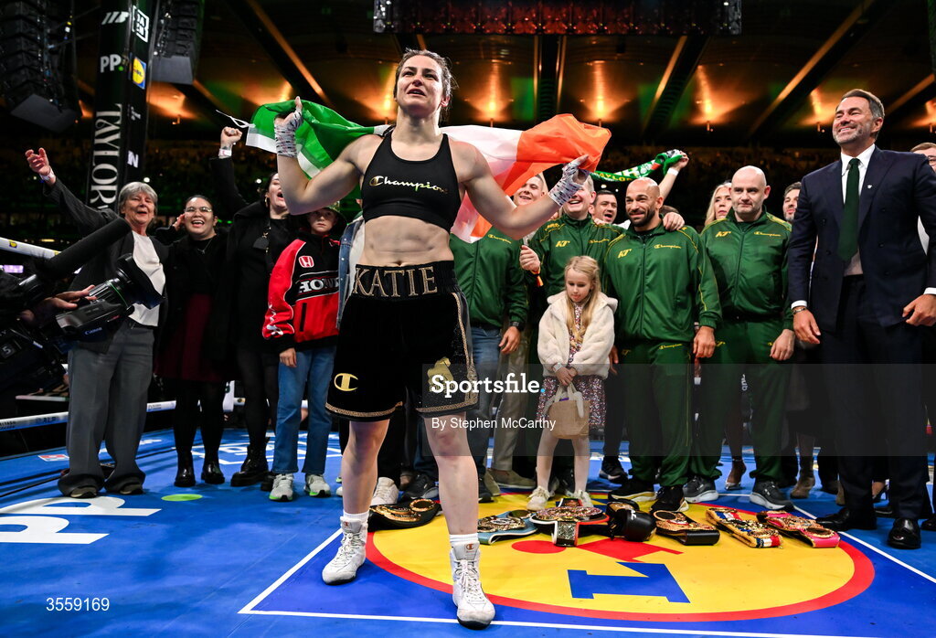 5 September 2026; Katie Taylor after her undisputed super lightweight championship fight with Flora Pili at the Once Upon A Time fight night in Croke Park, Dublin. Photo by Stephen McCarthy/Sportsfile