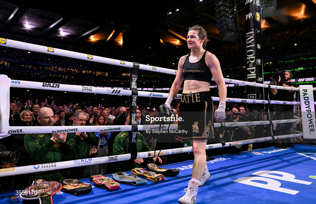 5 September 2026; Katie Taylor after her undisputed super lightweight championship fight with Flora Pili at the Once Upon A Time fight night in Croke Park, Dublin. Photo by Stephen McCarthy/Sportsfile
