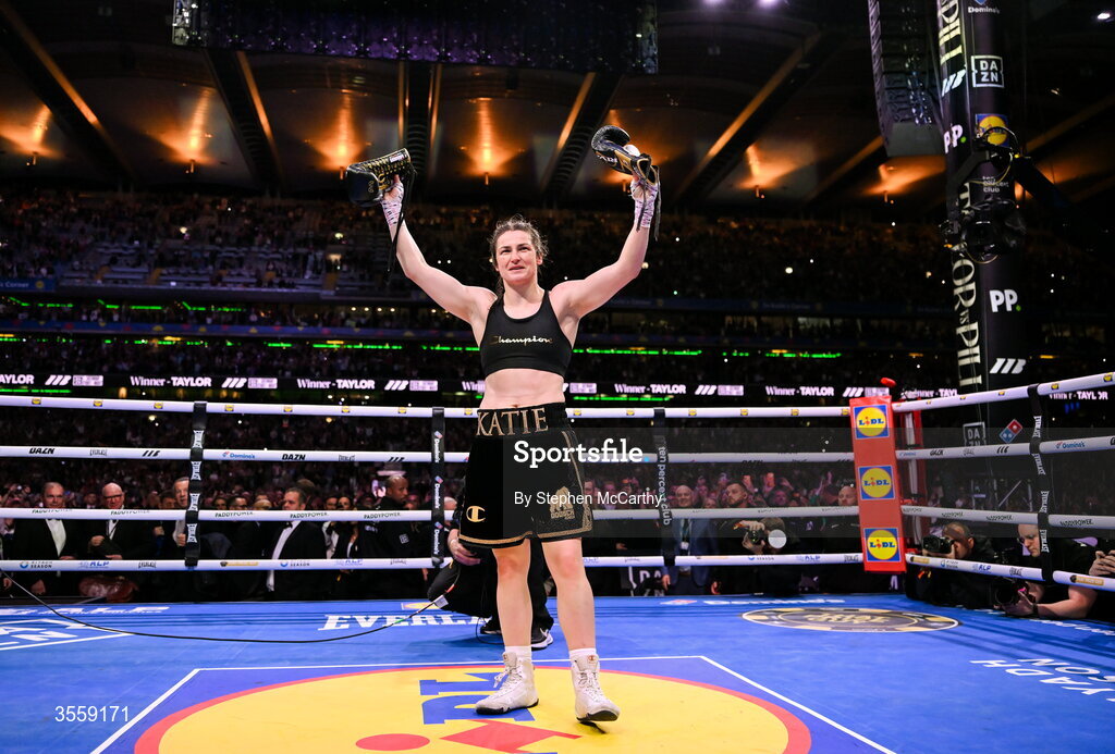 5 September 2026; Katie Taylor after her undisputed super lightweight championship fight with Flora Pili at the Once Upon A Time fight night in Croke Park, Dublin. Photo by Stephen McCarthy/Sportsfile