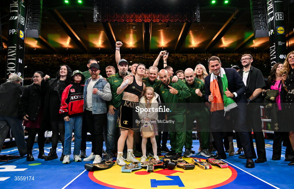 5 September 2026; Katie Taylor, centre left, celebrates with her team and family after her undisputed super lightweight championship fight with Flora Pili at the Once Upon A Time fight night in Croke Park, Dublin. Photo by Stephen McCarthy/Sportsfile
