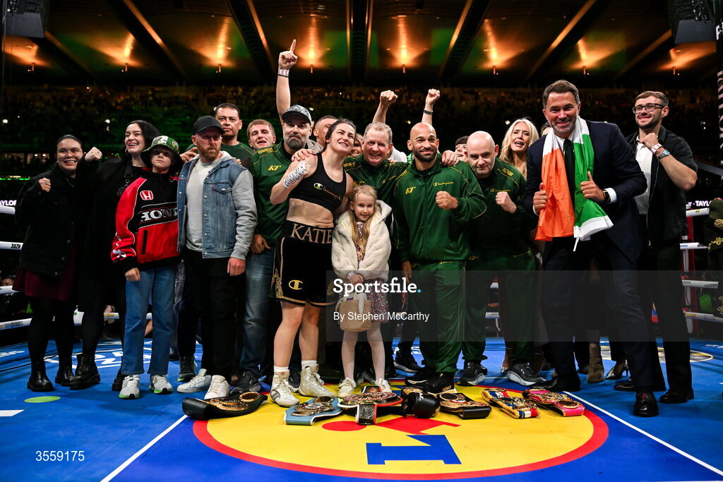 5 September 2026; Katie Taylor, centre left, celebrates with her team and family after her undisputed super lightweight championship fight with Flora Pili at the Once Upon A Time fight night in Croke Park, Dublin. Photo by Stephen McCarthy/Sportsfile