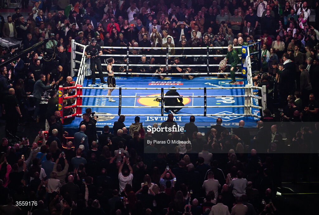 5 September 2026; Katie Taylor celebrates after her undisputed super lightweight championship fight with Flora Pili at the Once Upon A Time fight night in Croke Park, Dublin. Photo by Piaras Ó Mídheach/Sportsfile