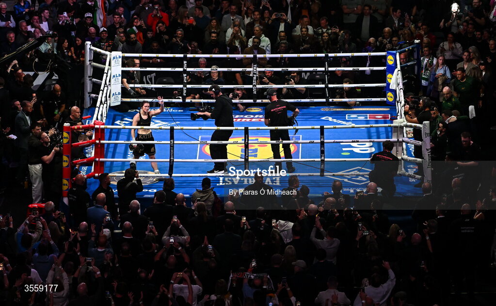 5 September 2026; Katie Taylor celebrates after her undisputed super lightweight championship fight with Flora Pili at the Once Upon A Time fight night in Croke Park, Dublin. Photo by Piaras Ó Mídheach/Sportsfile