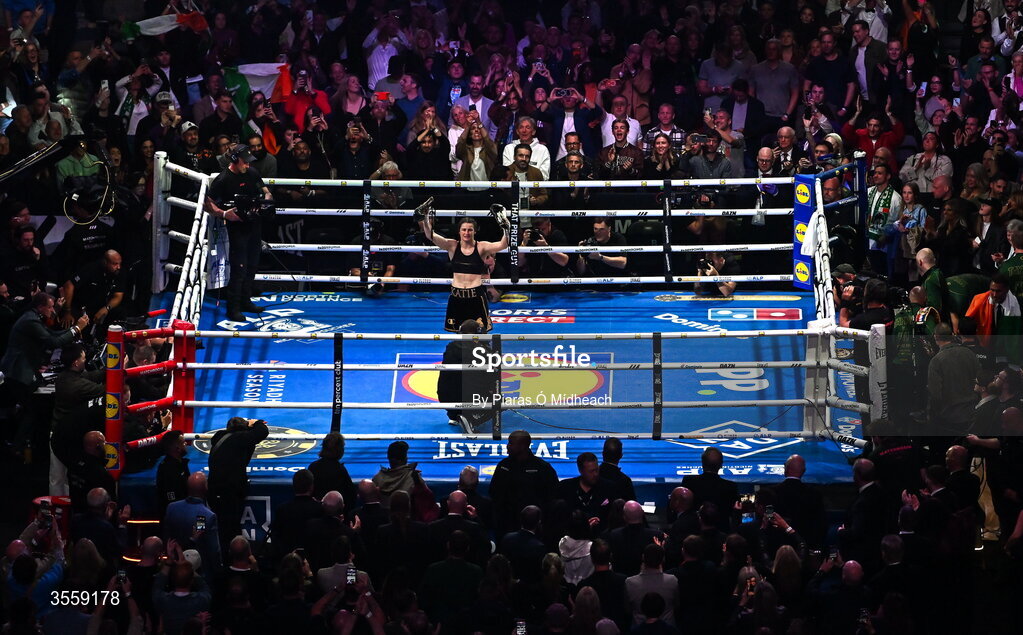 5 September 2026; Katie Taylor celebrates after her undisputed super lightweight championship fight with Flora Pili at the Once Upon A Time fight night in Croke Park, Dublin. Photo by Piaras Ó Mídheach/Sportsfile