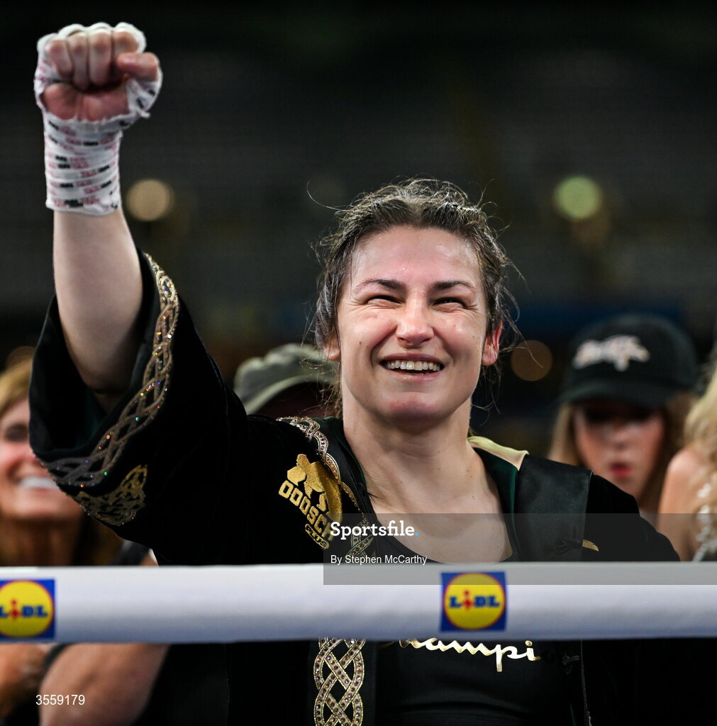 5 September 2026; Katie Taylor celebrates after her undisputed super lightweight championship fight with Flora Pili at the Once Upon A Time fight night in Croke Park, Dublin. Photo by Stephen McCarthy/Sportsfile