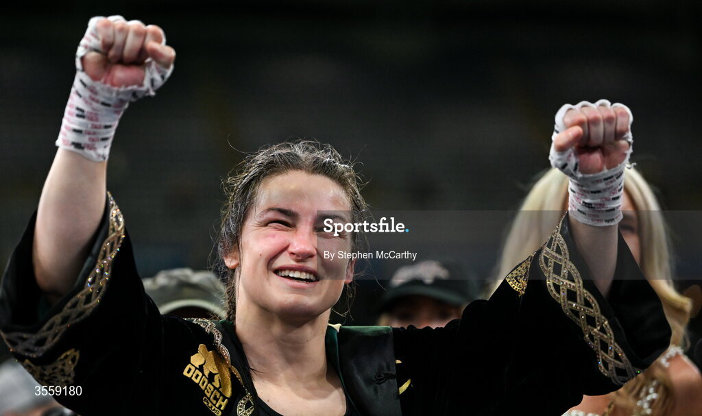 5 September 2026; Katie Taylor celebrates after her undisputed super lightweight championship fight with Flora Pili at the Once Upon A Time fight night in Croke Park, Dublin. Photo by Stephen McCarthy/Sportsfile